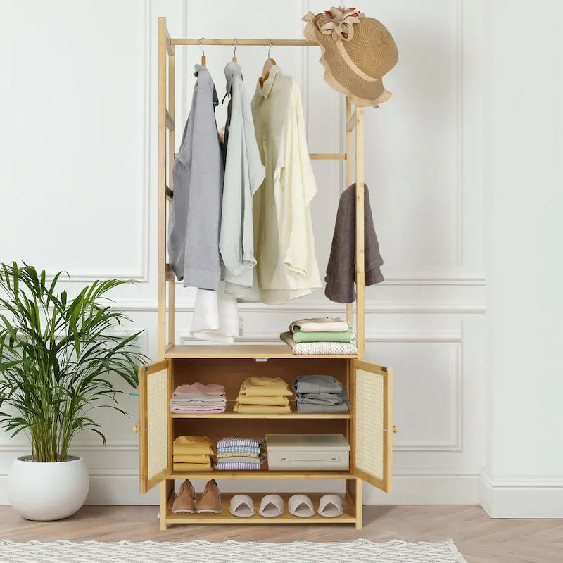 Portant à vêtements en bambou avec barre de rangement, autoportant - 21 x 13 x 66