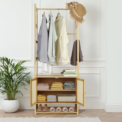 Portant à vêtements en bambou avec barre de rangement, autoportant - 21 x 13 x 66