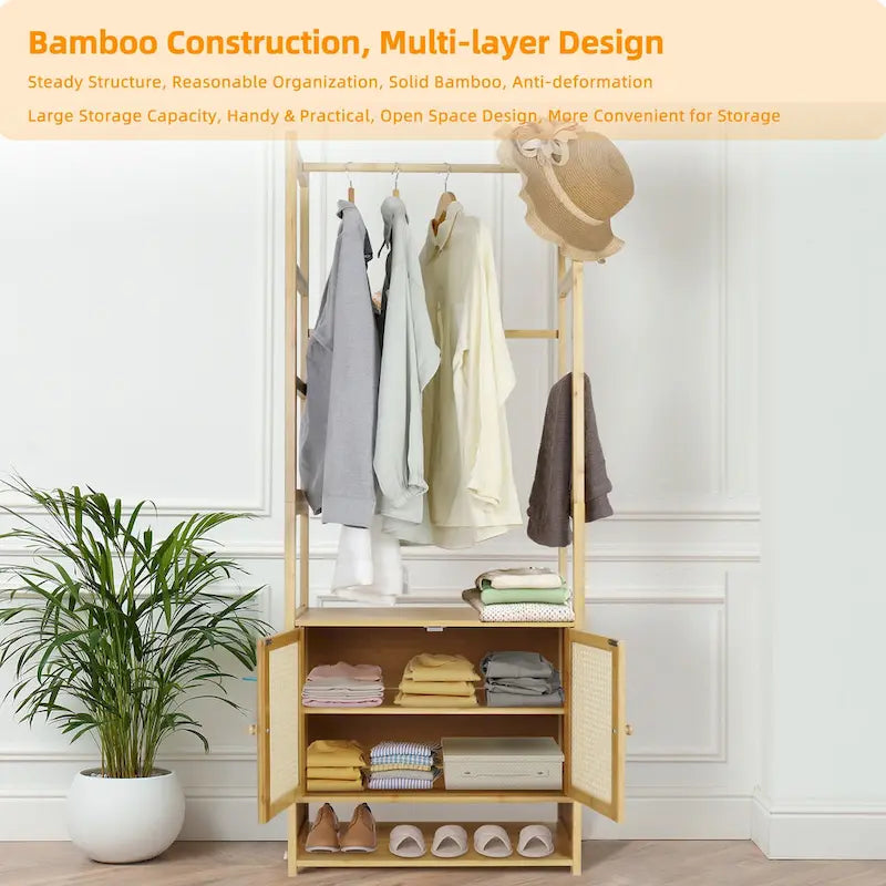 Portant à vêtements en bambou avec barre de rangement, autoportant - 21 x 13 x 66