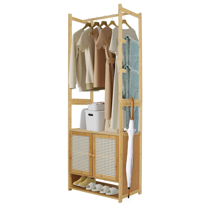 Portant à vêtements en bambou avec barre de rangement, autoportant - 21 x 13 x 66