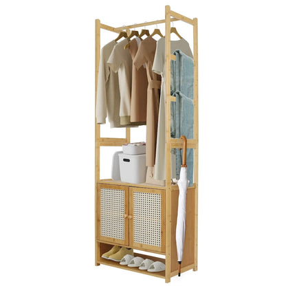 Portant à vêtements en bambou avec barre de rangement, autoportant - 21 x 13 x 66