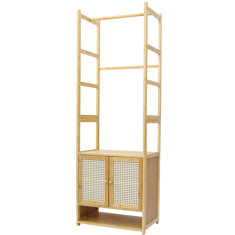 Portant à vêtements en bambou avec barre de rangement, autoportant - 21 x 13 x 66