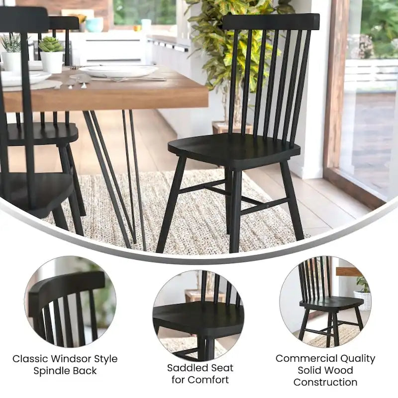 Chaises de salle à manger commerciales de style Windsor en bois massif avec dossier à fuseaux - Lot de 2