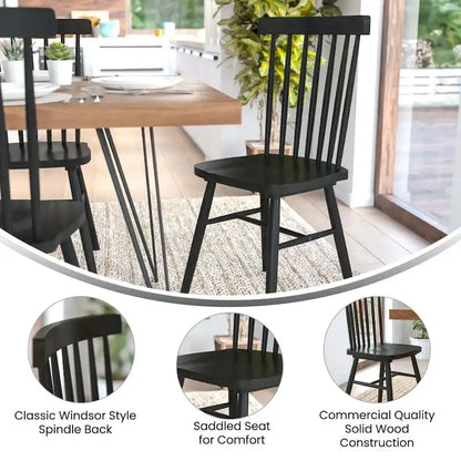 Chaises de salle à manger commerciales de style Windsor en bois massif avec dossier à fuseaux - Lot de 2