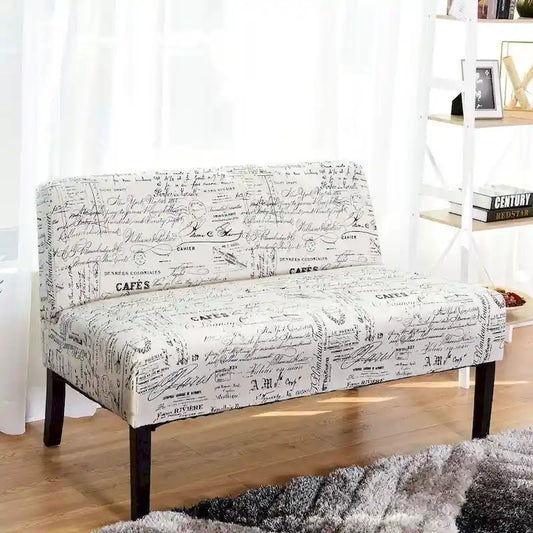 Canapé deux places moderne avec revêtement en tissu blanc cassé à motif cursif et pieds en bois noir - 50 x 28 x 30,5 (L x l x H)