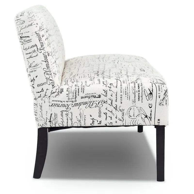 Canapé deux places moderne avec revêtement en tissu blanc cassé à motif cursif et pieds en bois noir - 50 x 28 x 30,5 (L x l x H)
