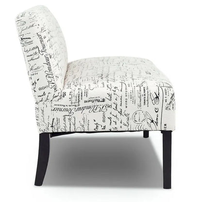 Canapé deux places moderne avec revêtement en tissu blanc cassé à motif cursif et pieds en bois noir - 50 x 28 x 30,5 (L x l x H)