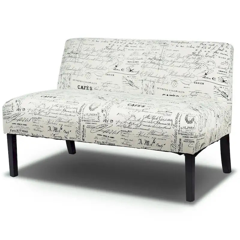 Canapé deux places moderne avec revêtement en tissu blanc cassé à motif cursif et pieds en bois noir - 50 x 28 x 30,5 (L x l x H)