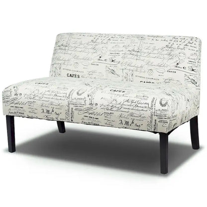 Canapé deux places moderne avec revêtement en tissu blanc cassé à motif cursif et pieds en bois noir - 50 x 28 x 30,5 (L x l x H)