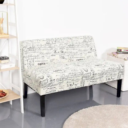 Canapé deux places moderne avec revêtement en tissu blanc cassé à motif cursif et pieds en bois noir - 50 x 28 x 30,5 (L x l x H)