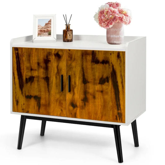 Meuble de rangement en bois de style Mid-Century avec 2 portes et pieds en métal pour entrée - 32 x 15 x 29 (L x l x H)