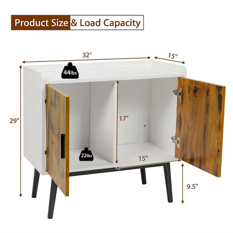 Meuble de rangement en bois de style Mid-Century avec 2 portes et pieds en métal pour entrée - 32 x 15 x 29 (L x l x H)