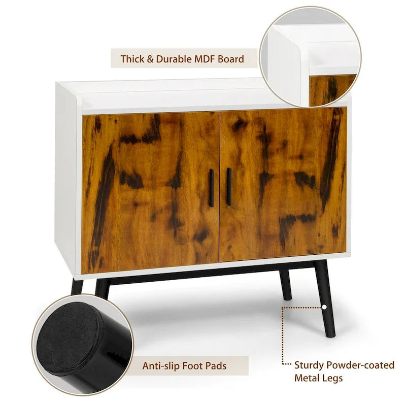 Meuble de rangement en bois de style Mid-Century avec 2 portes et pieds en métal pour entrée - 32 x 15 x 29 (L x l x H)