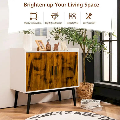 Meuble de rangement en bois de style Mid-Century avec 2 portes et pieds en métal pour entrée - 32 x 15 x 29 (L x l x H)