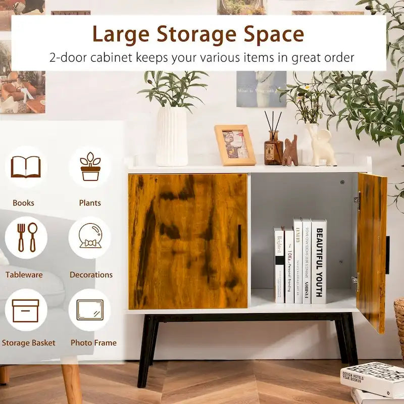 Meuble de rangement en bois de style Mid-Century avec 2 portes et pieds en métal pour entrée - 32 x 15 x 29 (L x l x H)