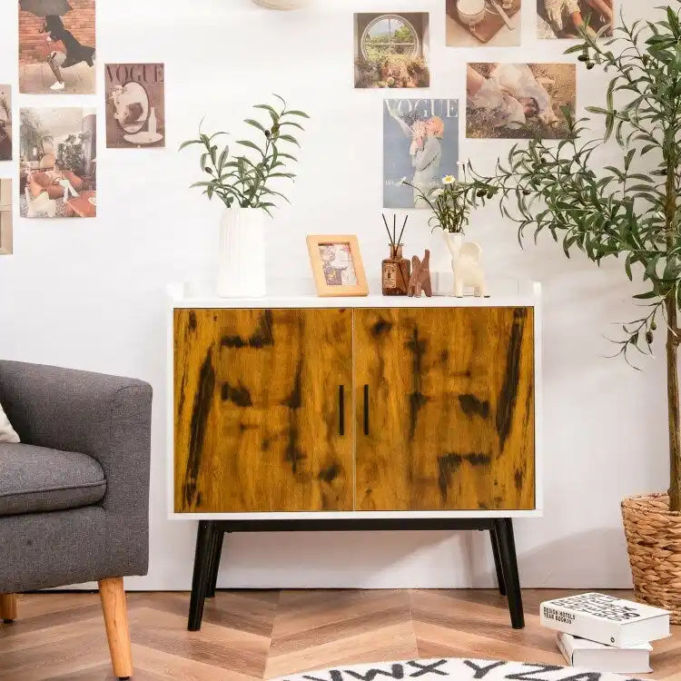 Meuble de rangement en bois de style Mid-Century avec 2 portes et pieds en métal pour entrée - 32 x 15 x 29 (L x l x H)