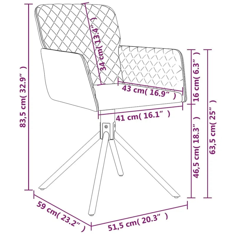 Chaises de salle à manger pivotantes vidaXL, lot de 2, style moderne, revêtement en velours - 20,3 x 23,2 x 32,9