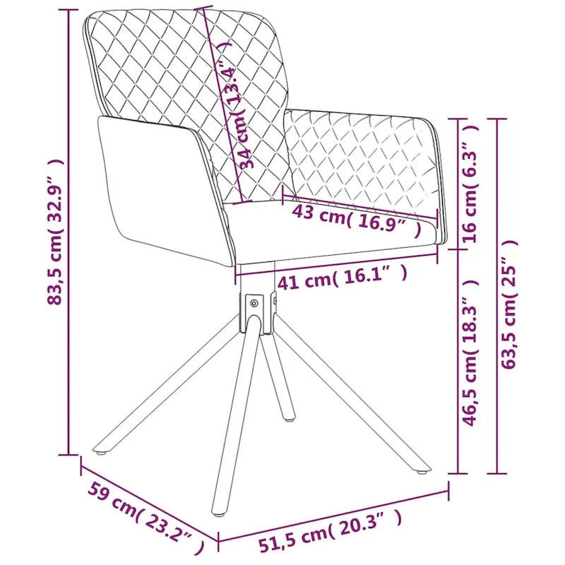 Chaises de salle à manger pivotantes vidaXL, lot de 2, style moderne, revêtement en velours - 20,3 x 23,2 x 32,9