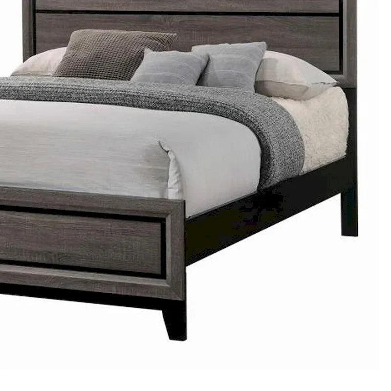 Lit King Size de style transitionnel en bois, avec tête de lit à lattes, chêne gris