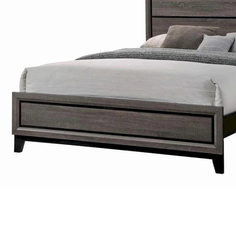 Lit King Size de style transitionnel en bois, avec tête de lit à lattes, chêne gris