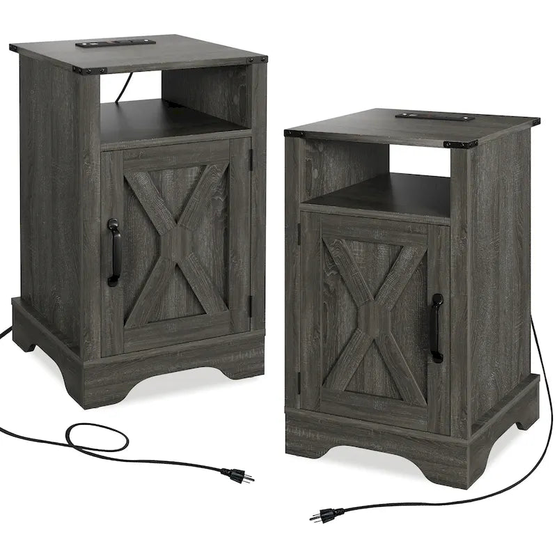 Table de chevet de style campagnard avec station de recharge et porte coulissante de style grange (lot de 2)