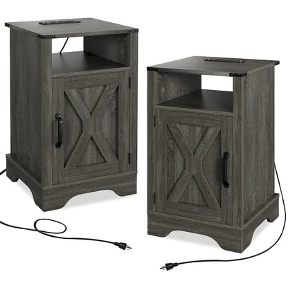 Table de chevet de style campagnard avec station de recharge et porte coulissante de style grange (lot de 2)
