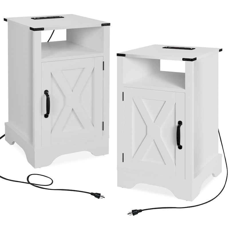 Table de chevet de style campagnard avec station de recharge et porte coulissante de style grange (lot de 2)