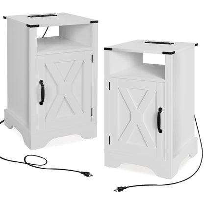 Table de chevet de style campagnard avec station de recharge et porte coulissante de style grange (lot de 2)