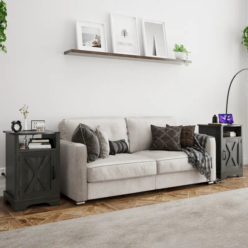 Table de chevet de style campagnard avec station de recharge et porte coulissante de style grange (lot de 2)