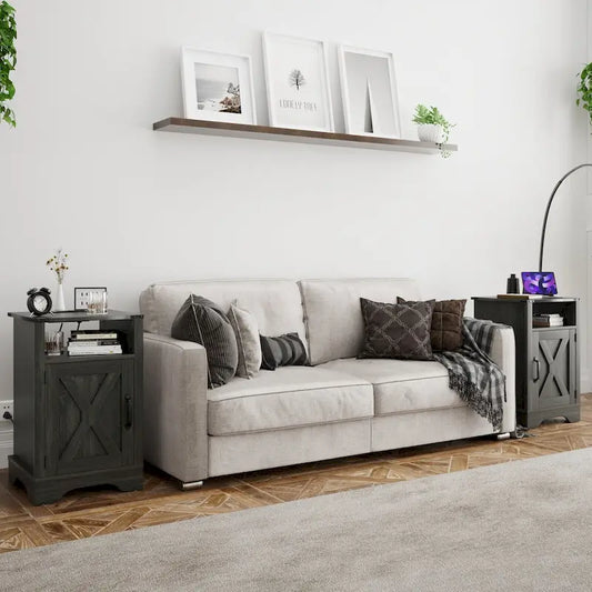 Table de chevet de style campagnard avec station de recharge et porte coulissante de style grange (lot de 2)