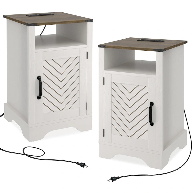 Table de chevet de style campagnard avec station de recharge et porte coulissante de style grange (lot de 2)