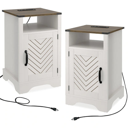 Table de chevet de style campagnard avec station de recharge et porte coulissante de style grange (lot de 2)