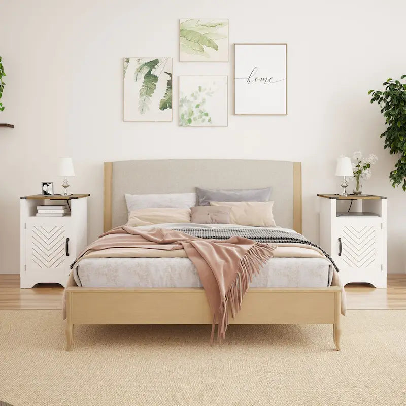 Table de chevet de style campagnard avec station de recharge et porte coulissante de style grange (lot de 2)