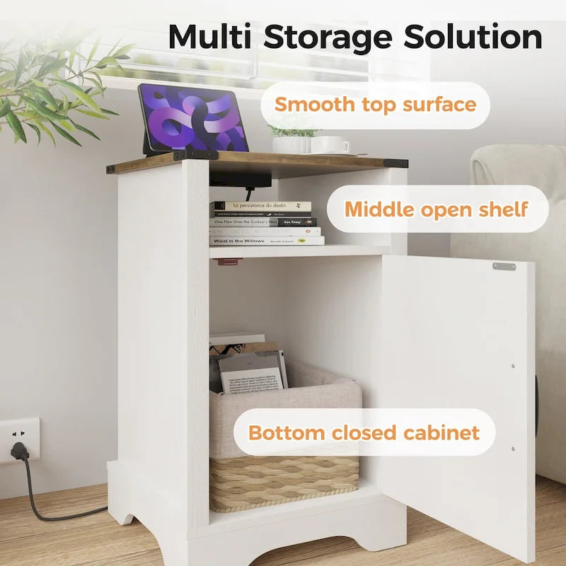 Table de chevet de style campagnard avec station de recharge et porte coulissante de style grange (lot de 2)