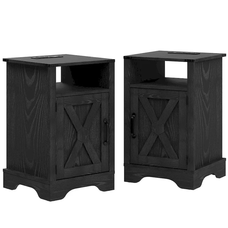 Table de chevet de style campagnard avec station de recharge et porte coulissante de style grange (lot de 2)