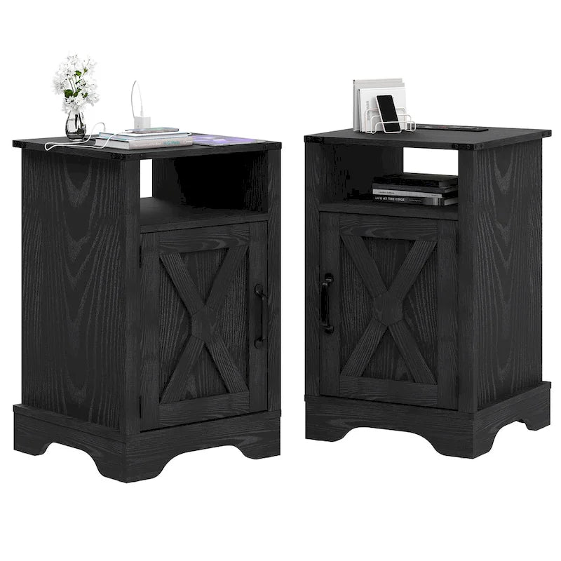 Table de chevet de style campagnard avec station de recharge et porte coulissante de style grange (lot de 2)