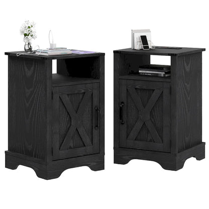 Table de chevet de style campagnard avec station de recharge et porte coulissante de style grange (lot de 2)