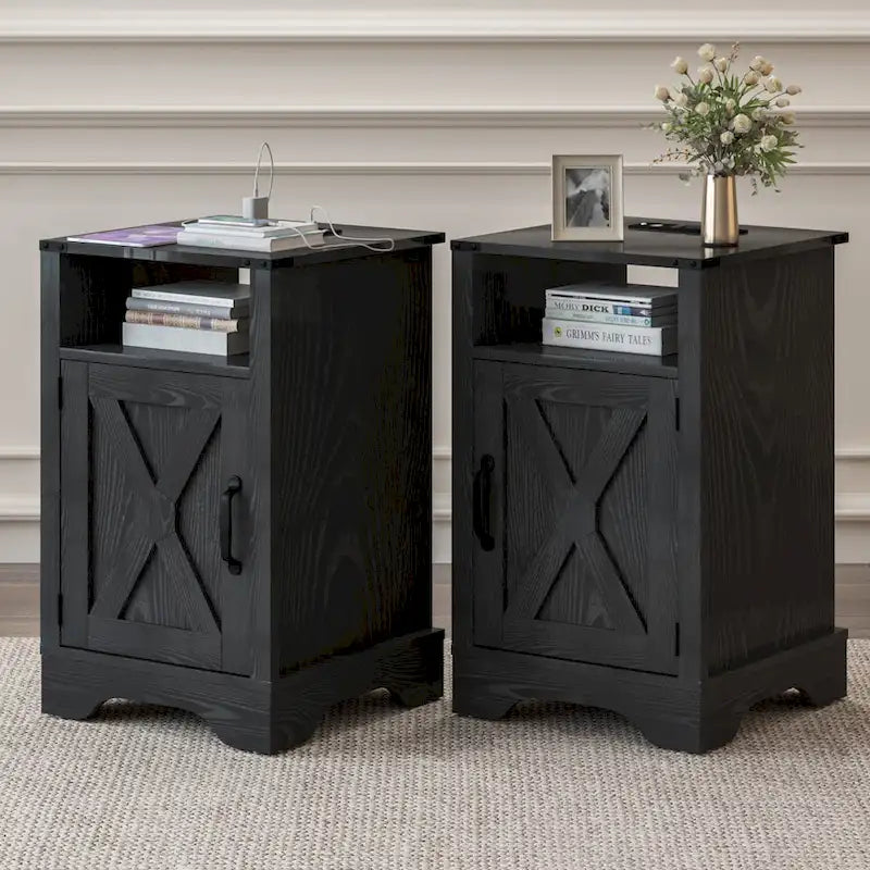 Table de chevet de style campagnard avec station de recharge et porte coulissante de style grange (lot de 2)
