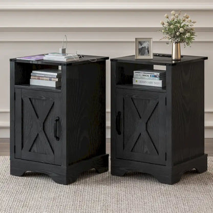 Table de chevet de style campagnard avec station de recharge et porte coulissante de style grange (lot de 2)