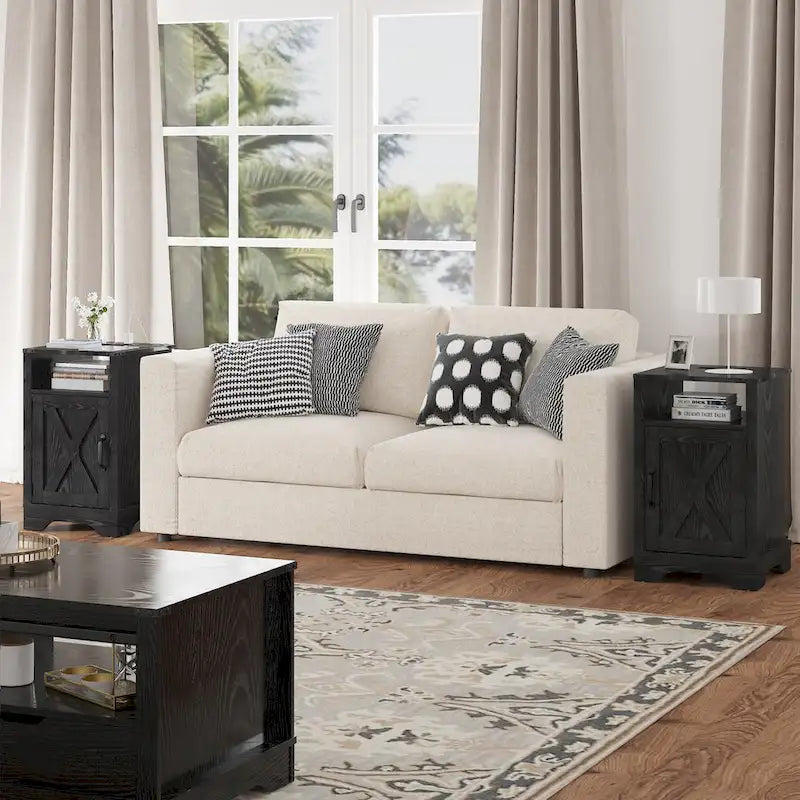Table de chevet de style campagnard avec station de recharge et porte coulissante de style grange (lot de 2)