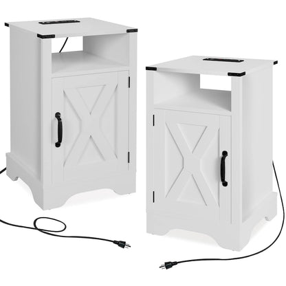 Table de chevet de style campagnard avec station de recharge et porte coulissante de style grange (lot de 2)