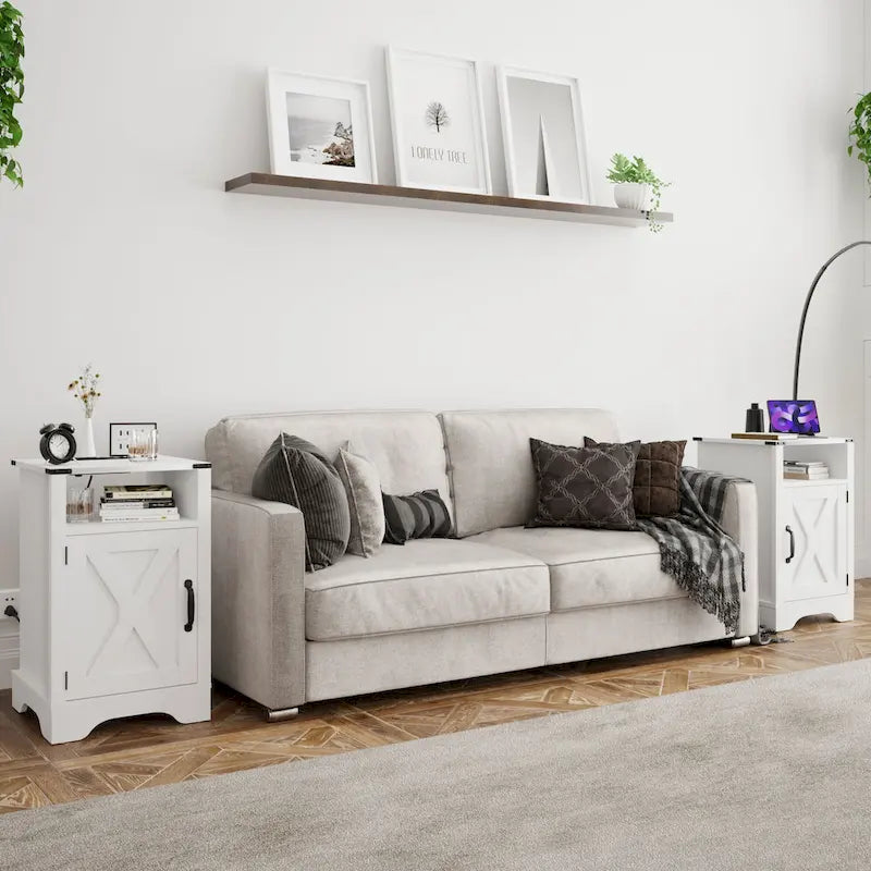 Table de chevet de style campagnard avec station de recharge et porte coulissante de style grange (lot de 2)