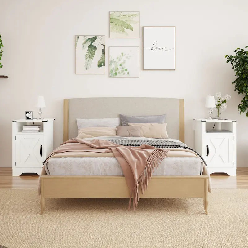 Table de chevet de style campagnard avec station de recharge et porte coulissante de style grange (lot de 2)
