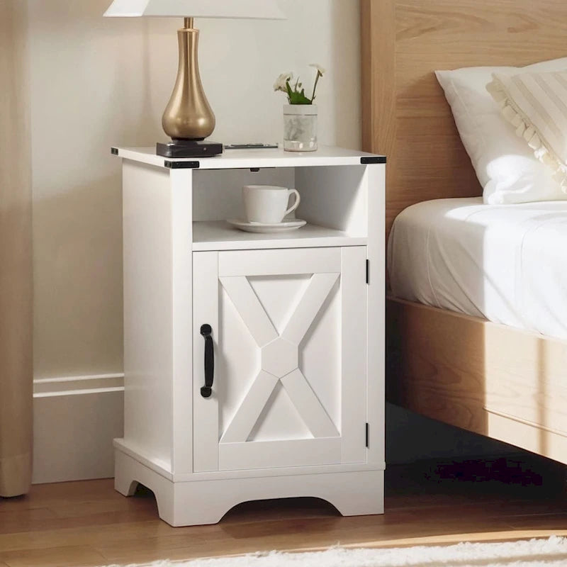 Table de chevet de style campagnard avec station de recharge et porte coulissante de style grange (lot de 2)