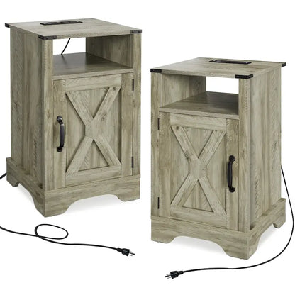Table de chevet de style campagnard avec station de recharge et porte coulissante de style grange (lot de 2)