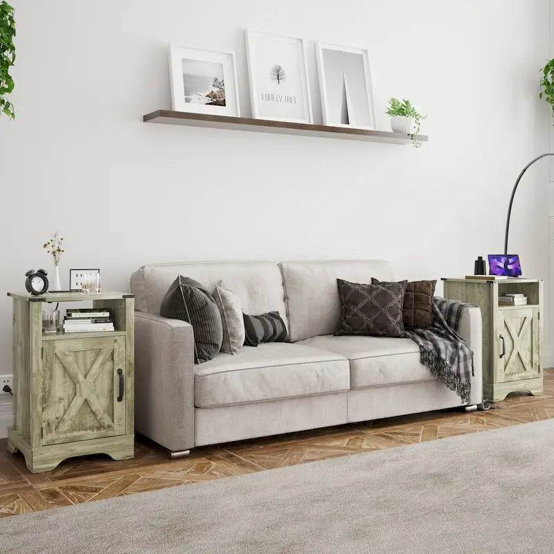 Table de chevet de style campagnard avec station de recharge et porte coulissante de style grange (lot de 2)