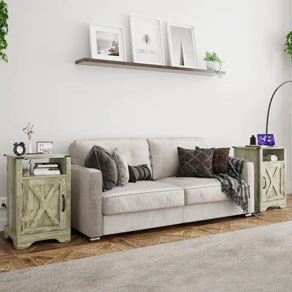 Table de chevet de style campagnard avec station de recharge et porte coulissante de style grange (lot de 2)