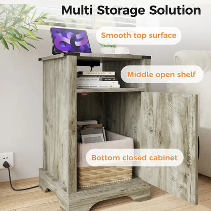 Table de chevet de style campagnard avec station de recharge et porte coulissante de style grange (lot de 2)