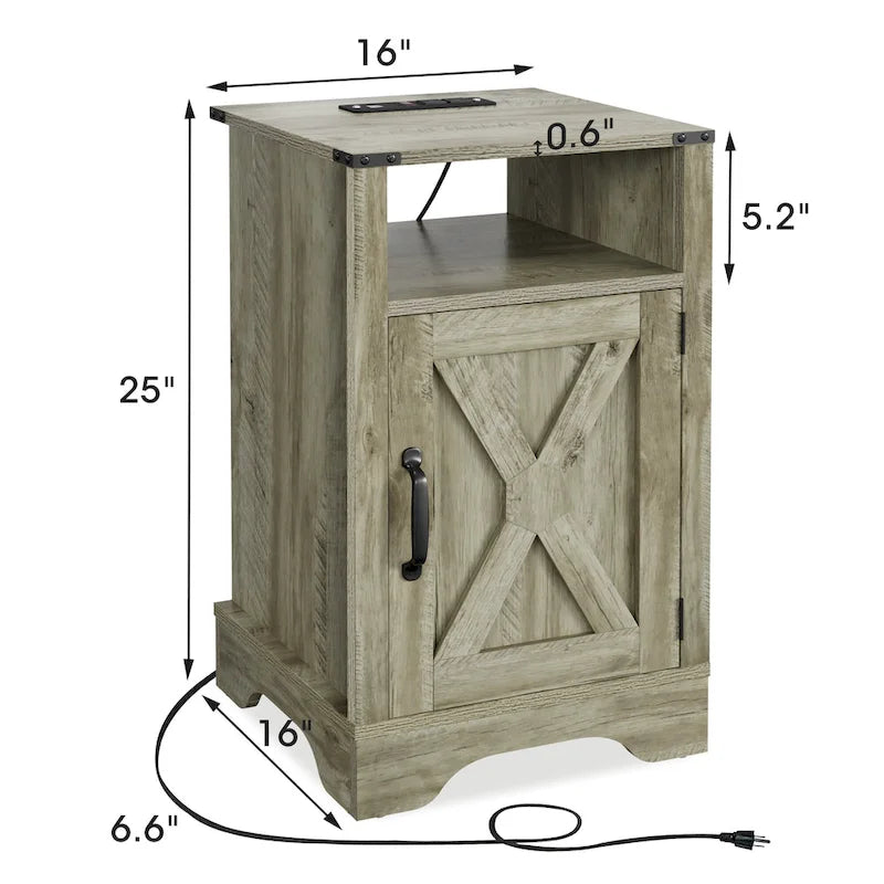 Table de chevet de style campagnard avec station de recharge et porte coulissante de style grange (lot de 2)