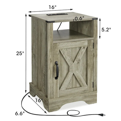 Table de chevet de style campagnard avec station de recharge et porte coulissante de style grange (lot de 2)